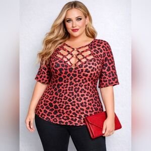 Bold Red Leopard Print | Shein Curve | Crisscross Statement Top | 4XL | NWT